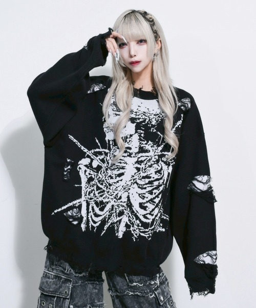 REFLEM(レフレム)の「『REFLEM/レフレム』スカル柄ジャカードニットPO/プルオーバーニット(ニット/セーター・レディース・ブラック×ホワイト/グレー/ブラック×パープル・FREE)」の9枚目の写真
