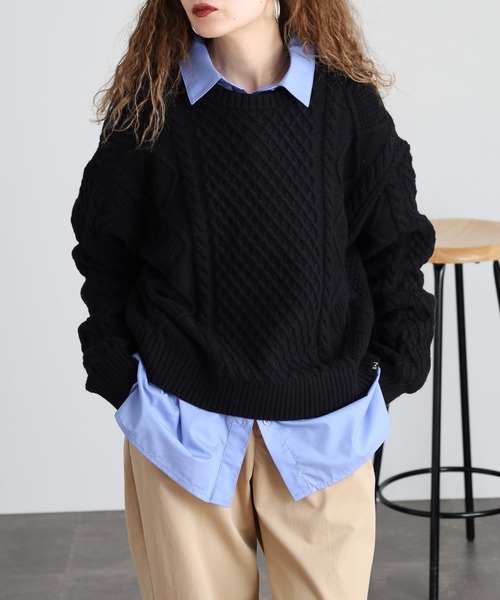 GUESS JEANS（ゲスジーンズ）の「GUESS JEANS ウール ケーブルニットセーター（ニット/セーター・レディース・ブラック/ヘザーグレー/クリーム・S/XS/M/L）」の4枚目の写真