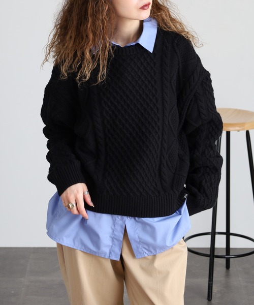 GUESS JEANS（ゲスジーンズ）の「GUESS JEANS ウール ケーブルニットセーター（ニット/セーター・レディース・ブラック/ヘザーグレー/クリーム・S/XS/M/L）」の5枚目の写真