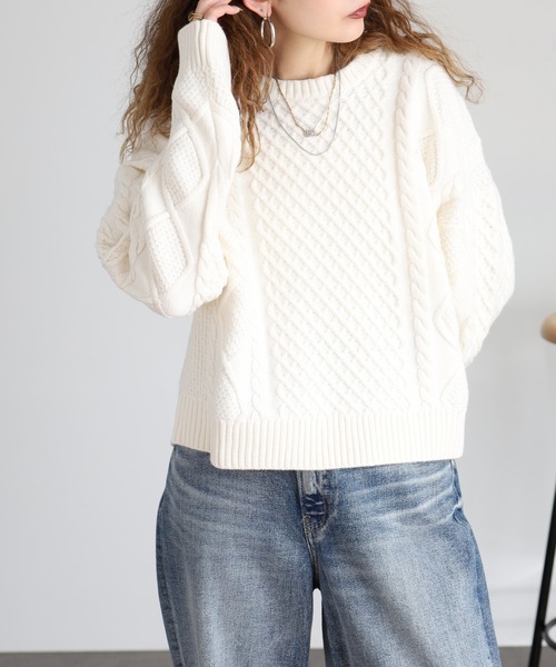 GUESS JEANS（ゲスジーンズ）の「GUESS JEANS ウール ケーブルニットセーター（ニット/セーター・レディース・ブラック/ヘザーグレー/クリーム・S/XS/M/L）」の12枚目の写真