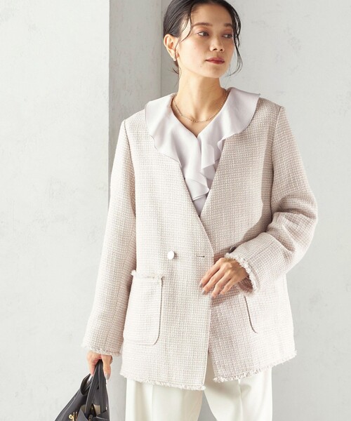 SHIPS（シップス）の「トライスピン 杢 ツイード カラーレス ジャケット（セレモニー対応可）（ノーカラージャケット・レディース・ライトグレー/ブラック・ONE SIZE）」の2枚目の写真