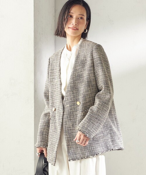 SHIPS（シップス）の「トライスピン 杢 ツイード カラーレス ジャケット（セレモニー対応可）（ノーカラージャケット・レディース・ライトグレー/ブラック・ONE SIZE）」の20枚目の写真