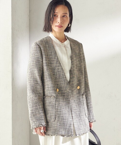 SHIPS（シップス）の「トライスピン 杢 ツイード カラーレス ジャケット（セレモニー対応可）（ノーカラージャケット・レディース・ライトグレー/ブラック・ONE SIZE）」の18枚目の写真