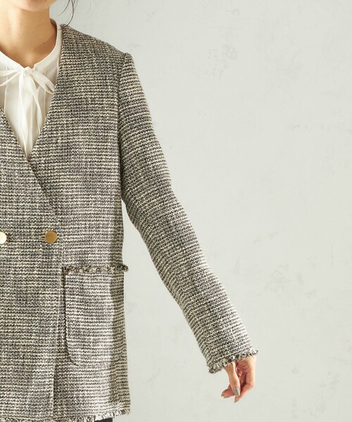 SHIPS（シップス）の「トライスピン 杢 ツイード カラーレス ジャケット（セレモニー対応可）（ノーカラージャケット・レディース・ライトグレー/ブラック・ONE SIZE）」の6枚目の写真