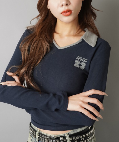 抜け感スポーティで今っぽ☆スキッパーネックナンバリングトップス（T