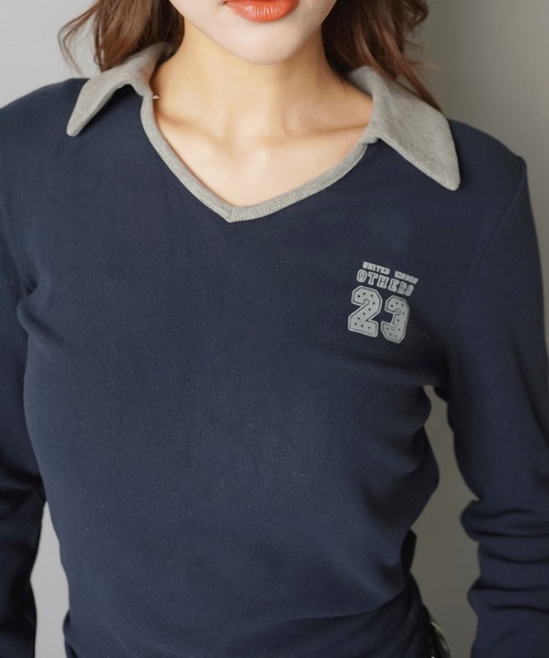 抜け感スポーティで今っぽ☆スキッパーネックナンバリングトップス（T