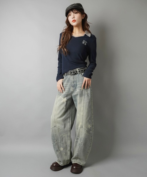 抜け感スポーティで今っぽ☆スキッパーネックナンバリングトップス（T