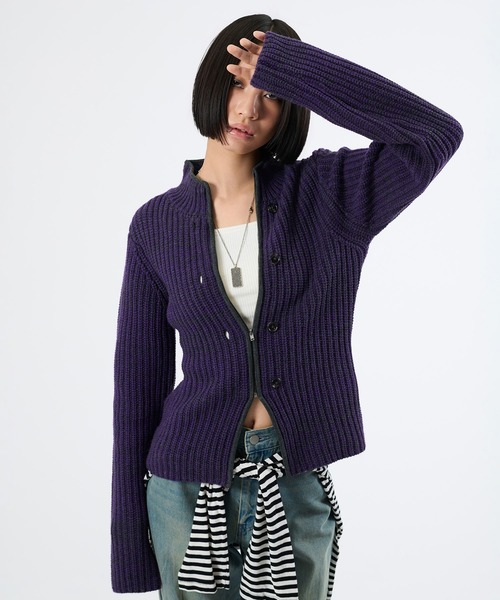 FTW(エフティダブリュー)の「2WAY MELANGE BUTTON ZIP KNIT(ニット/セーター・レディース・チャコールグレー/パープル・SMALL/MEDIUM)」の1枚目の写真