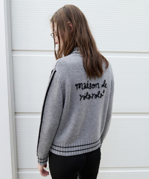 セール】MAISON DE ROLA EMBROIDERY WOOL BLENDED KNIT ZIP-UP GRAY