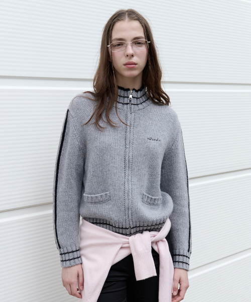 セール】MAISON DE ROLA EMBROIDERY WOOL BLENDED KNIT ZIP-UP GRAY