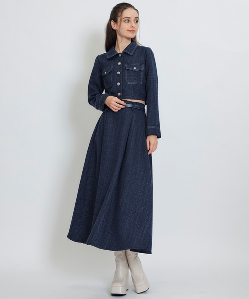 REDYAZEL(レディアゼル)の「ダブルステッチツイードブラウス×フレアロングスカートセットアップ(セットアップ・レディース・ネイビー/ベージュ/チャコールグレー/オフホワイト・FREE)」の1枚目の写真