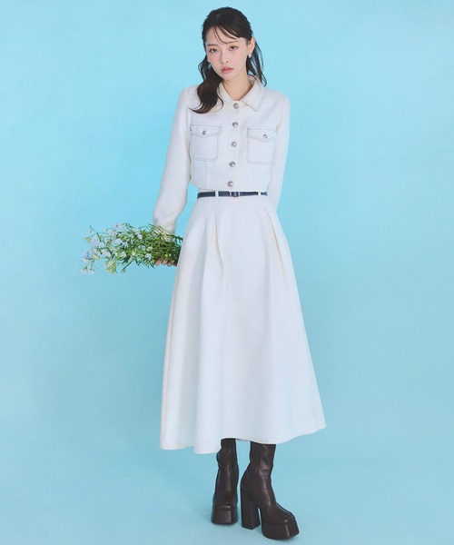 REDYAZEL(レディアゼル)の「ダブルステッチツイードブラウス×フレアロングスカートセットアップ(セットアップ・レディース・ネイビー/ベージュ/チャコールグレー/オフホワイト・FREE)」の2枚目の写真