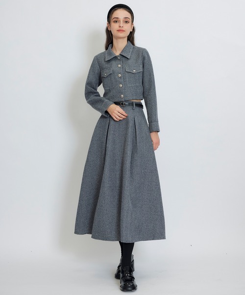 REDYAZEL(レディアゼル)の「ダブルステッチツイードブラウス×フレアロングスカートセットアップ(セットアップ・レディース・ネイビー/ベージュ/チャコールグレー/オフホワイト・FREE)」の3枚目の写真