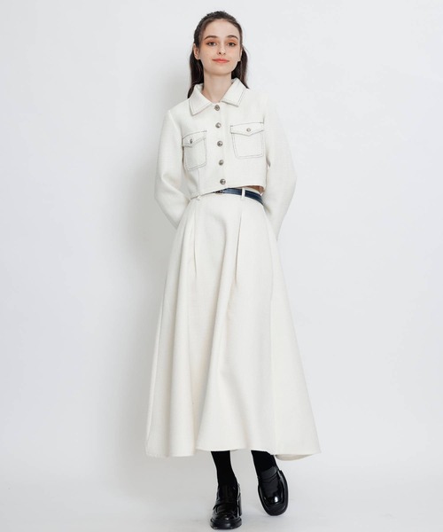 REDYAZEL(レディアゼル)の「ダブルステッチツイードブラウス×フレアロングスカートセットアップ(セットアップ・レディース・ネイビー/ベージュ/チャコールグレー/オフホワイト・FREE)」の5枚目の写真