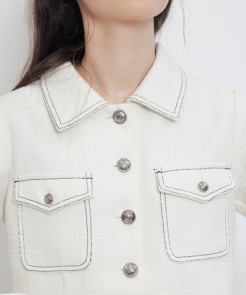 REDYAZEL(レディアゼル)の「ダブルステッチツイードブラウス×フレアロングスカートセットアップ(セットアップ・レディース・ネイビー/ベージュ/チャコールグレー/オフホワイト・FREE)」の9枚目の写真