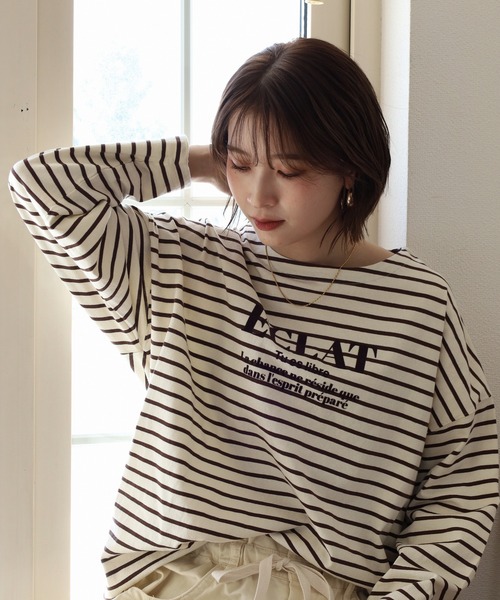 Arinomama(アリノママ)の「Arinomama フロッキーPTチュニックボーダーロンT(Tシャツ/カットソー・レディース・ピンク系その他/ホワイト×ブラウン/ホワイト×ネイビー/ブラック×グレー・FREE)」の2枚目の写真