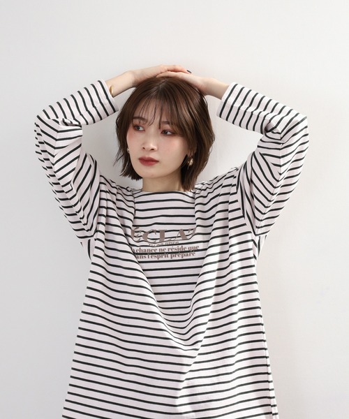 Arinomama(アリノママ)の「Arinomama フロッキーPTチュニックボーダーロンT(Tシャツ/カットソー・レディース・ピンク系その他/ホワイト×ブラウン/ホワイト×ネイビー/ブラック×グレー・FREE)」の4枚目の写真