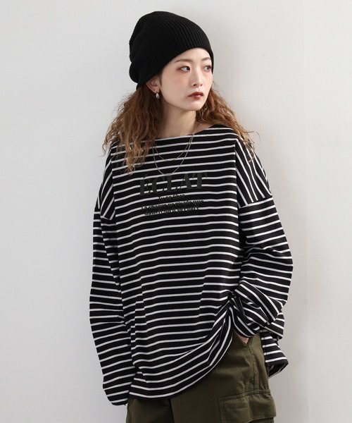 Arinomama(アリノママ)の「Arinomama フロッキーPTチュニックボーダーロンT(Tシャツ/カットソー・レディース・ピンク系その他/ホワイト×ブラウン/ホワイト×ネイビー/ブラック×グレー・FREE)」の5枚目の写真