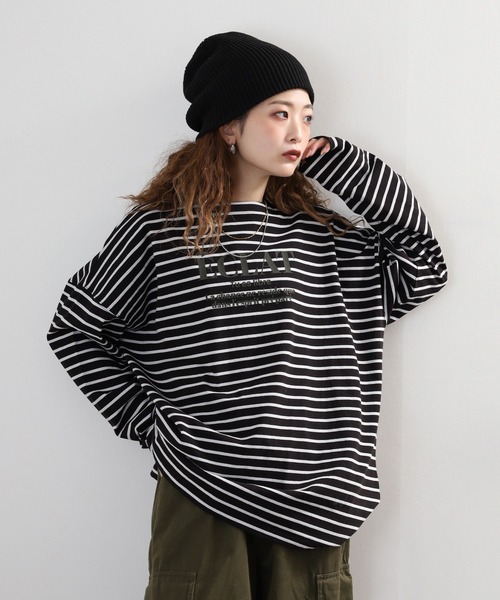 Arinomama(アリノママ)の「Arinomama フロッキーPTチュニックボーダーロンT(Tシャツ/カットソー・レディース・ピンク系その他/ホワイト×ブラウン/ホワイト×ネイビー/ブラック×グレー・FREE)」の9枚目の写真