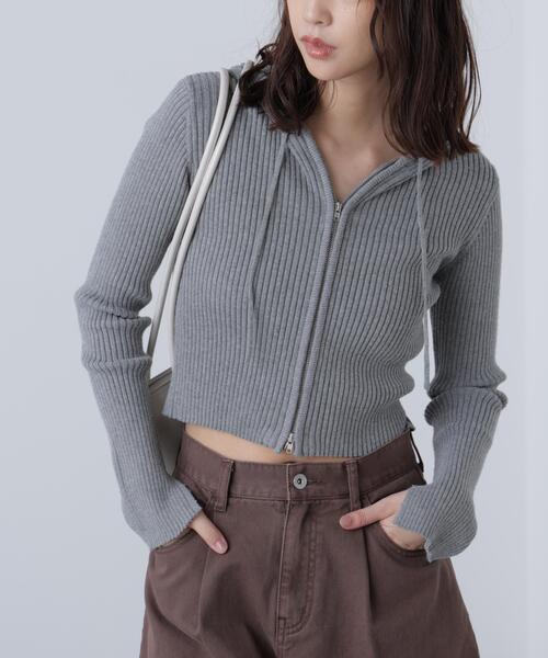 FREE'S MART（フリーズマート）の「◇配色リブショート丈ニットパーカー（ニット/セーター・レディース・グレー/ブラウン/ベージュ・FREE）」の2枚目の写真