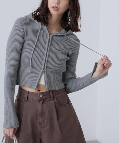 FREE'S MART（フリーズマート）の「◇配色リブショート丈ニットパーカー（ニット/セーター・レディース・グレー/ブラウン/ベージュ・FREE）」の7枚目の写真