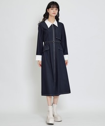 フロントZIPバイカラーロングシャツワンピース