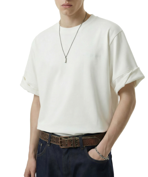 BUTTON SEOUL(ボタンソウル)の「ナチュラルワイドカフスコットンエンボオーバーサイズTシャツ(ホワイト/ライトグレー/ブラック)(Tシャツ/カットソー・メンズ・ホワイト/ブラック/ライトグレー・M(48)/L(50)/XL)」の7枚目の写真