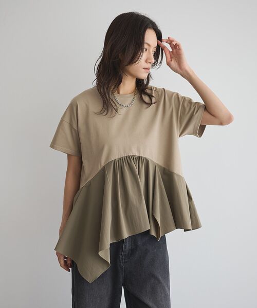 GARAGE OF GOOD CLOTHING（ガレージオブグッドクロージング）の「異素材MIXアシメドレーププルオーバー（Tシャツ/カットソー・レディース・カーキ/ブラック/ライトグレー・FREE）」の3枚目の写真