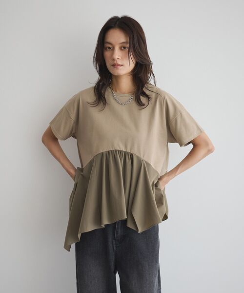 GARAGE OF GOOD CLOTHING（ガレージオブグッドクロージング）の「異素材MIXアシメドレーププルオーバー（Tシャツ/カットソー・レディース・カーキ/ブラック/ライトグレー・FREE）」の5枚目の写真