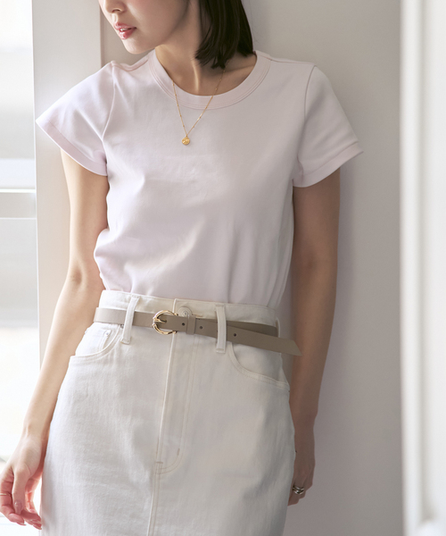 Noble(ノーブル)の「《追加・WEB限定カラー》スビンコットンスムースコンパクトTシャツ(Tシャツ/カットソー・レディース・ピンク/ホワイト/チャコールグレー/イエロー・FREE)」の4枚目の写真
