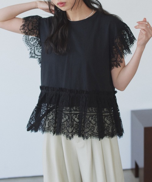 TREOVER（トレオーバー）の「着映えるレースデザインが大人可愛いヘムスリーブレースデザイントップス（Tシャツ/カットソー・レディース・オフホワイト/ブラック・FREE）」の8枚目の写真