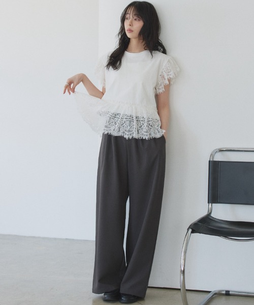 TREOVER（トレオーバー）の「着映えるレースデザインが大人可愛いヘムスリーブレースデザイントップス（Tシャツ/カットソー・レディース・オフホワイト/ブラック・FREE）」の15枚目の写真