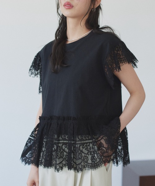 TREOVER（トレオーバー）の「着映えるレースデザインが大人可愛いヘムスリーブレースデザイントップス（Tシャツ/カットソー・レディース・オフホワイト/ブラック・FREE）」の21枚目の写真