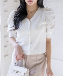 CLEAR BASIC（クリアベーシック）の「パワショル半袖ニットカーディガン[骨格ウェーブ オフィスカジュアル フェミニン 上品]（カーディガン/ボレロ）」