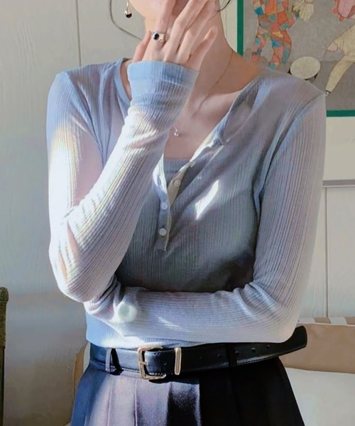 Doula Doula（ドゥーラドゥーラ）の「シアーヘンリーネックトップス&キャミソール 2点セット（Tシャツ/カットソー・レディース・ブラック/グレー/ライトイエロー/ブルー・FREE）」の7枚目の写真