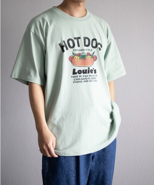 UNIVERSAL OVERALL(ユニバーサルオーバーオール)の「UNIVERSAL OVERALL / HotDog S/S TEE / ホットドッグプリント半袖Tシャツ(Tシャツ/カットソー・メンズ・オートミール/ミント/グレイッシュブルー/ネイビー/ホワイト・S/M/XL/L)」の1枚目の写真