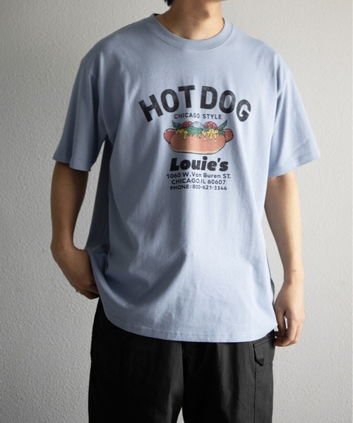 UNIVERSAL OVERALL(ユニバーサルオーバーオール)の「UNIVERSAL OVERALL / HotDog S/S TEE / ホットドッグプリント半袖Tシャツ(Tシャツ/カットソー・メンズ・オートミール/ミント/グレイッシュブルー/ネイビー/ホワイト・S/M/XL/L)」の17枚目の写真