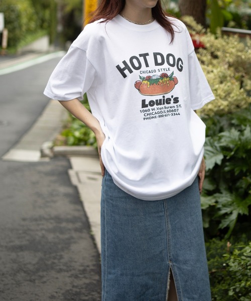 UNIVERSAL OVERALL(ユニバーサルオーバーオール)の「UNIVERSAL OVERALL / HotDog S/S TEE / ホットドッグプリント半袖Tシャツ(Tシャツ/カットソー・メンズ・オートミール/ミント/グレイッシュブルー/ネイビー/ホワイト・S/M/XL/L)」の6枚目の写真