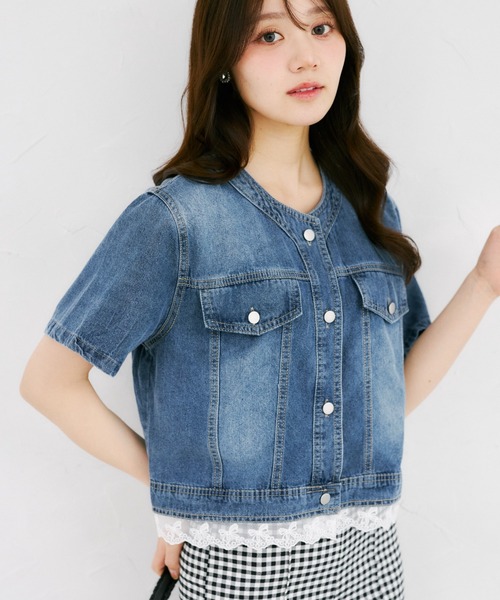 tocco closet(トッコ クローゼット)の「【ZOZO限定】リボンレースヘム半袖デニムジャケット(デニムジャケット・レディース・ブルー/ライトブルー・M)」の1枚目の写真
