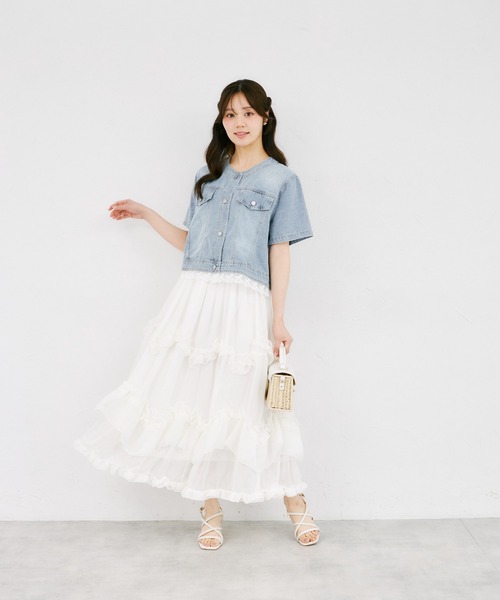 tocco closet(トッコ クローゼット)の「【ZOZO限定】リボンレースヘム半袖デニムジャケット(デニムジャケット・レディース・ブルー/ライトブルー・M)」の3枚目の写真