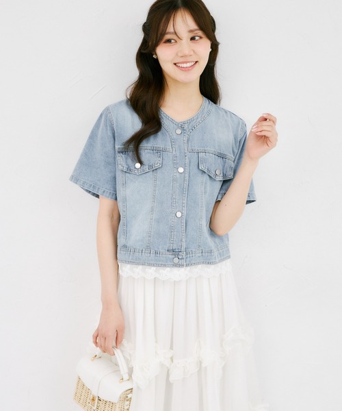 tocco closet(トッコ クローゼット)の「【ZOZO限定】リボンレースヘム半袖デニムジャケット(デニムジャケット・レディース・ブルー/ライトブルー・M)」の4枚目の写真