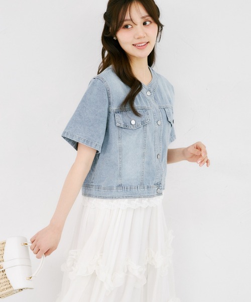 tocco closet(トッコ クローゼット)の「【ZOZO限定】リボンレースヘム半袖デニムジャケット(デニムジャケット・レディース・ブルー/ライトブルー・M)」の6枚目の写真
