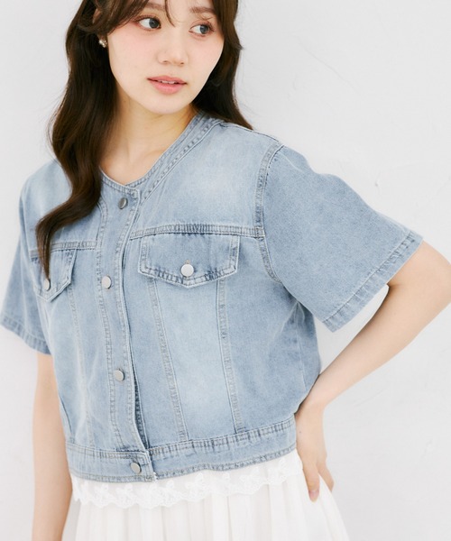 tocco closet(トッコ クローゼット)の「【ZOZO限定】リボンレースヘム半袖デニムジャケット(デニムジャケット・レディース・ブルー/ライトブルー・M)」の7枚目の写真