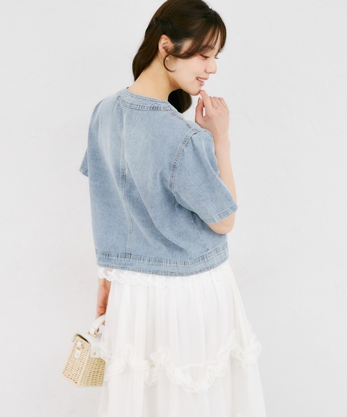 tocco closet(トッコ クローゼット)の「【ZOZO限定】リボンレースヘム半袖デニムジャケット(デニムジャケット・レディース・ブルー/ライトブルー・M)」の8枚目の写真