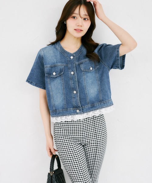 tocco closet(トッコ クローゼット)の「【ZOZO限定】リボンレースヘム半袖デニムジャケット(デニムジャケット・レディース・ブルー/ライトブルー・M)」の10枚目の写真