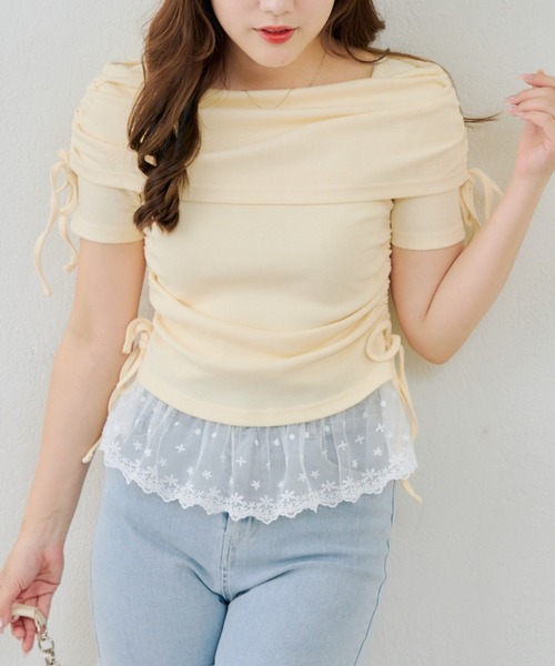 continuer de NICE CLAUP(コンティニューデナイスクラップ)の「オフショル裾レーステレコ(Tシャツ/カットソー・レディース・ピンク/イエロー/ブラック/オフホワイト・FREE)」の3枚目の写真