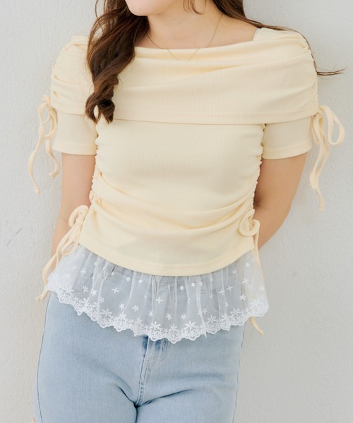 continuer de NICE CLAUP(コンティニューデナイスクラップ)の「オフショル裾レーステレコ(Tシャツ/カットソー・レディース・ピンク/イエロー/ブラック/オフホワイト・FREE)」の11枚目の写真