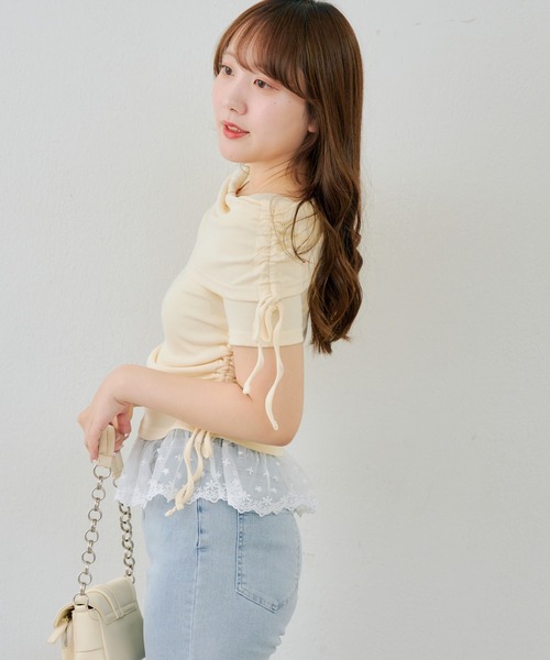 continuer de NICE CLAUP(コンティニューデナイスクラップ)の「オフショル裾レーステレコ(Tシャツ/カットソー・レディース・ピンク/イエロー/ブラック/オフホワイト・FREE)」の14枚目の写真