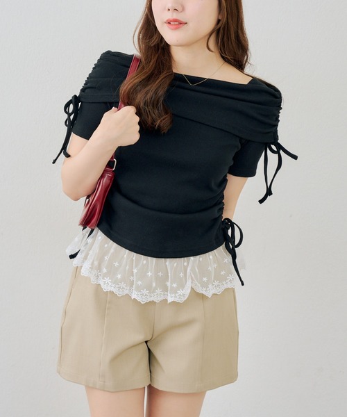 continuer de NICE CLAUP(コンティニューデナイスクラップ)の「オフショル裾レーステレコ(Tシャツ/カットソー・レディース・ピンク/イエロー/ブラック/オフホワイト・FREE)」の22枚目の写真