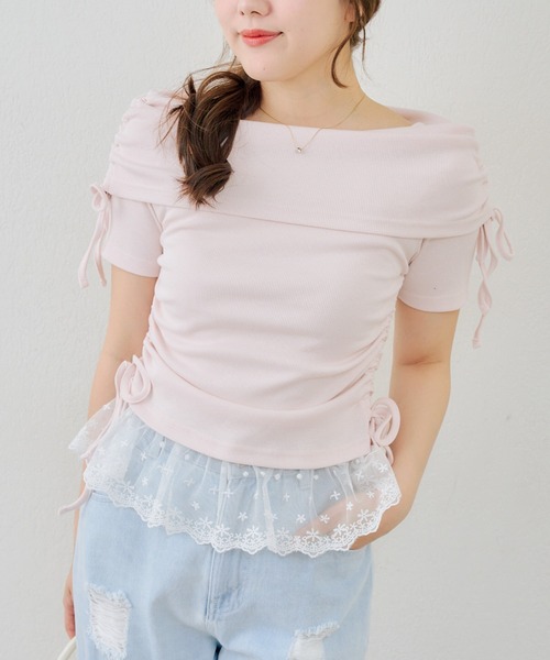 continuer de NICE CLAUP(コンティニューデナイスクラップ)の「オフショル裾レーステレコ(Tシャツ/カットソー・レディース・ピンク/イエロー/ブラック/オフホワイト・FREE)」の16枚目の写真